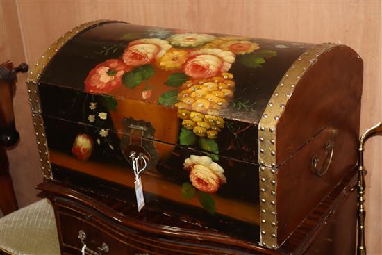 A pair of gilt metal salon chairs and a floral painted domed topped trunk (3) W.67cm